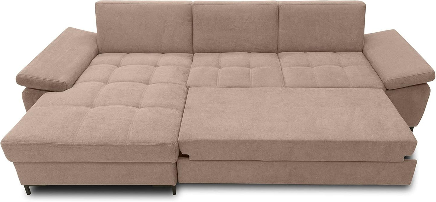 DOMO. collection Curacao Corner Sofa, Sofa Bed with Spring Core and Armrest Function in L-Shape, Couch with Sleep Function, Sofa, Upholstered Corner 297 x 160 x 84 cm (W x D x H), Cream