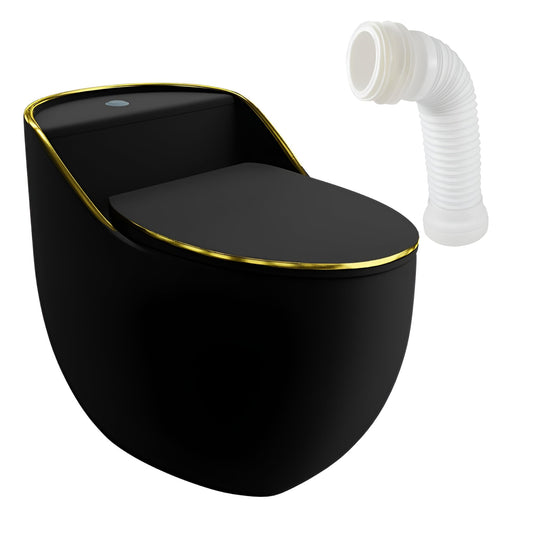 LAVITA Einteilige Stand-WC Mit Eingebautem Spülkasten SILIA RIM BLACK/GOLD LINE | Deckel Mit Absenkautomatik | Keramik Toilette Spülrandlos | Toilettenbecken Stehend + Anschlussstück