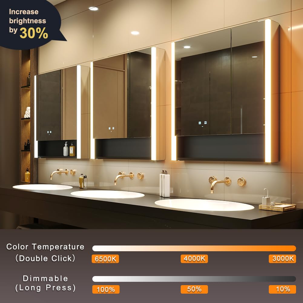 KWW LED Beleuchtetes Badezimmer Medizin Kabinett mit Spiegel, Farbtemperatur Einstellbar, Anti-Nebel Dimmbare Lichter, Steckdosen für USBs (75 x 70 cm)