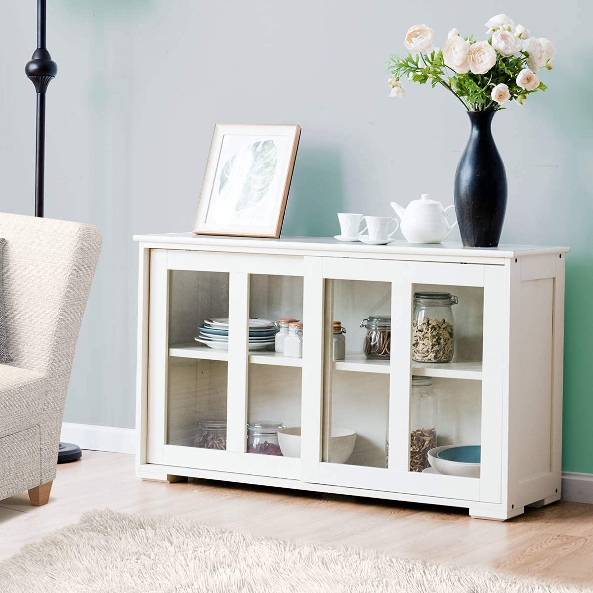 RELAX4LIFE Sideboard with 2 Sliding Glass Doors, Sideboard for Living Room, Hallway, Office and Kitchen, Hallway Cabinet with Height-Adjustable Shelf, Wooden Kitchen Cabinet (Cream)