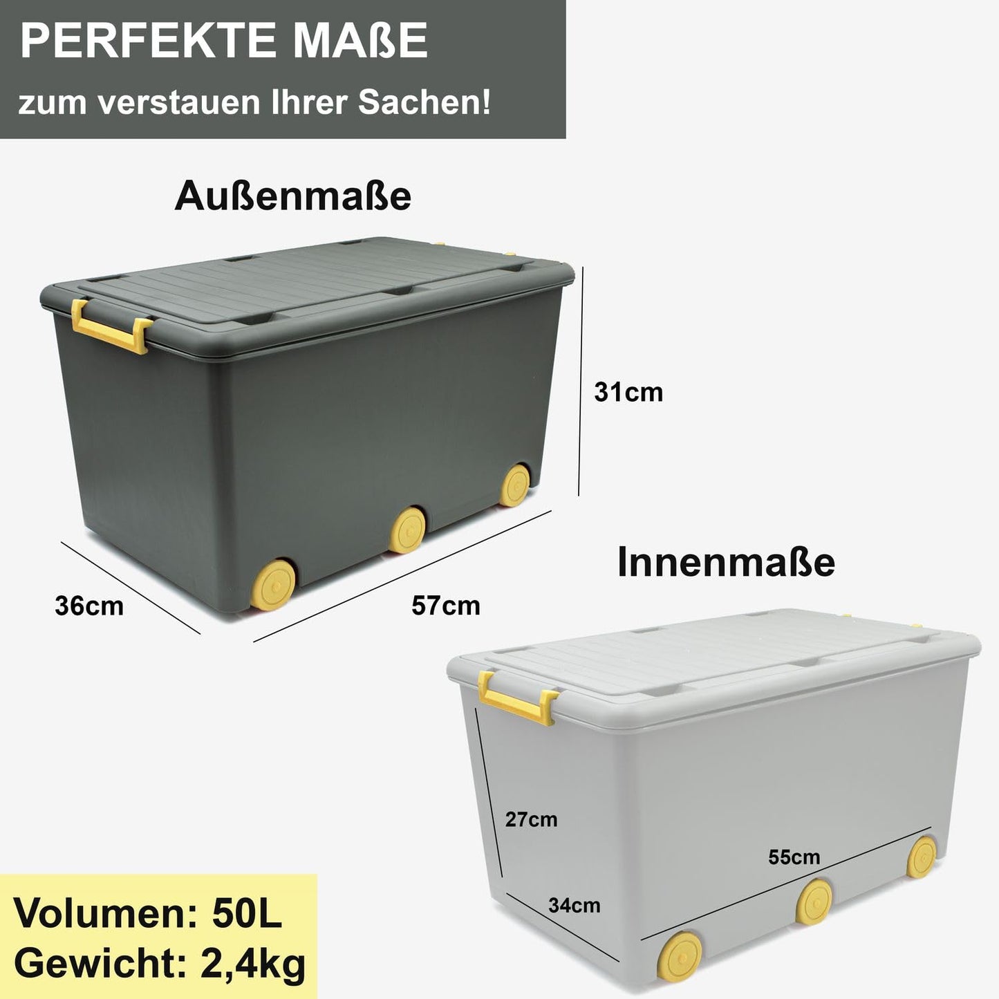 Babykajo 3 Storage Boxes with Lid and Wheels 50 L - Stacking Boxes with Lid Opaque - Plastic Box with Lid for Closing - Boxes Storage with Lid