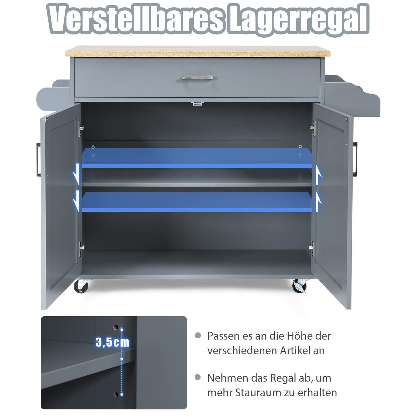 COSTWAY Kitchen trolley with towel holder and spice board, kitchen island with drawer and height-adjustable shelf, kitchen cabinet rollable, wooden serving trolley, kitchen island trolley (black)