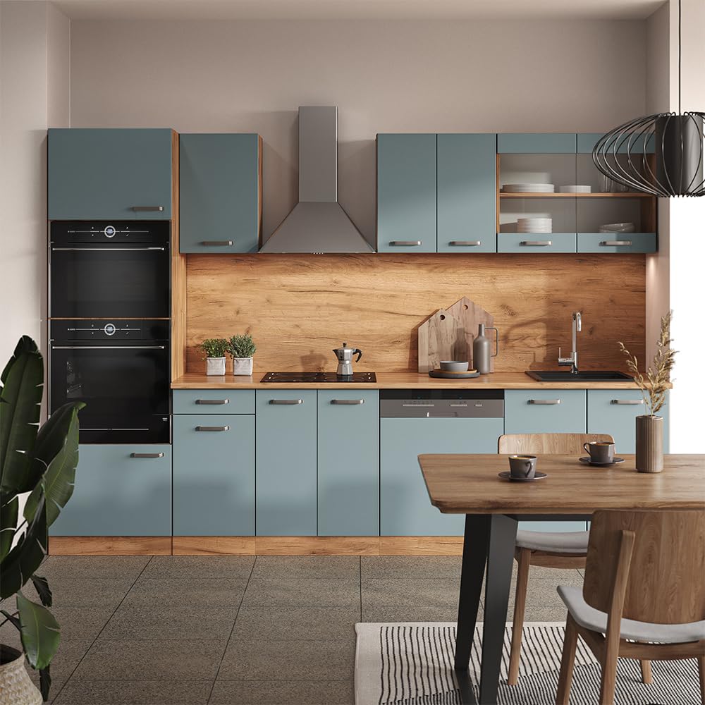 Vicco R-Line Kitchen Unit, High-Gloss Anthracite/Goldkraft Oak, 300 cm with Tall Cabinet, without Worktop