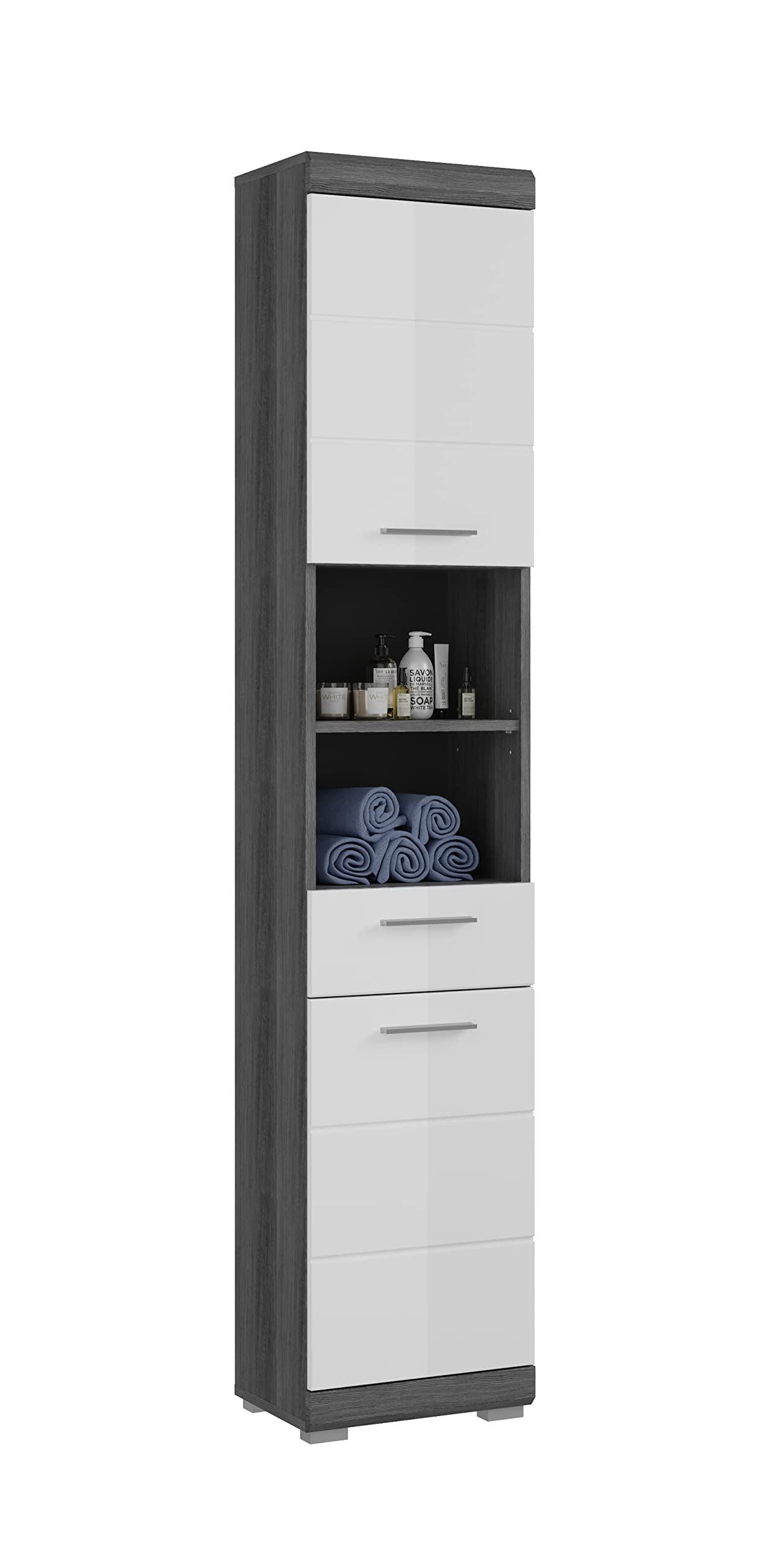 Badezimmer Scout X06B2723 Wall-Mounted Cupboard Wide Cabinet in Front White High Gloss Body Smoke Silver Nb. Approx. 74 x 79 x 24 cm