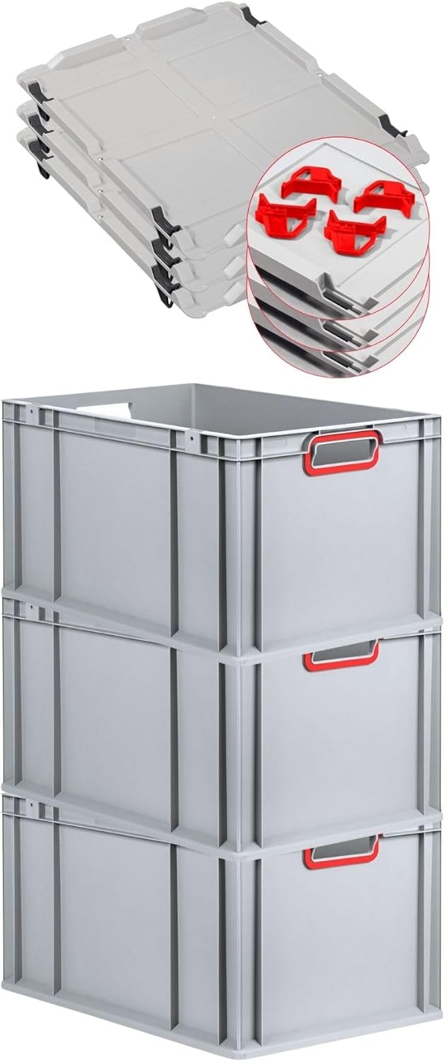 PROREGAL Economy Set of 5 Eurobox NextGen Colour with Lid and Sliding Snap Fasteners, H x W x D 22 x 30 x 40 cm, 20 L, Black, Closed Handles, Euro Container, Transport Box, Transport Container