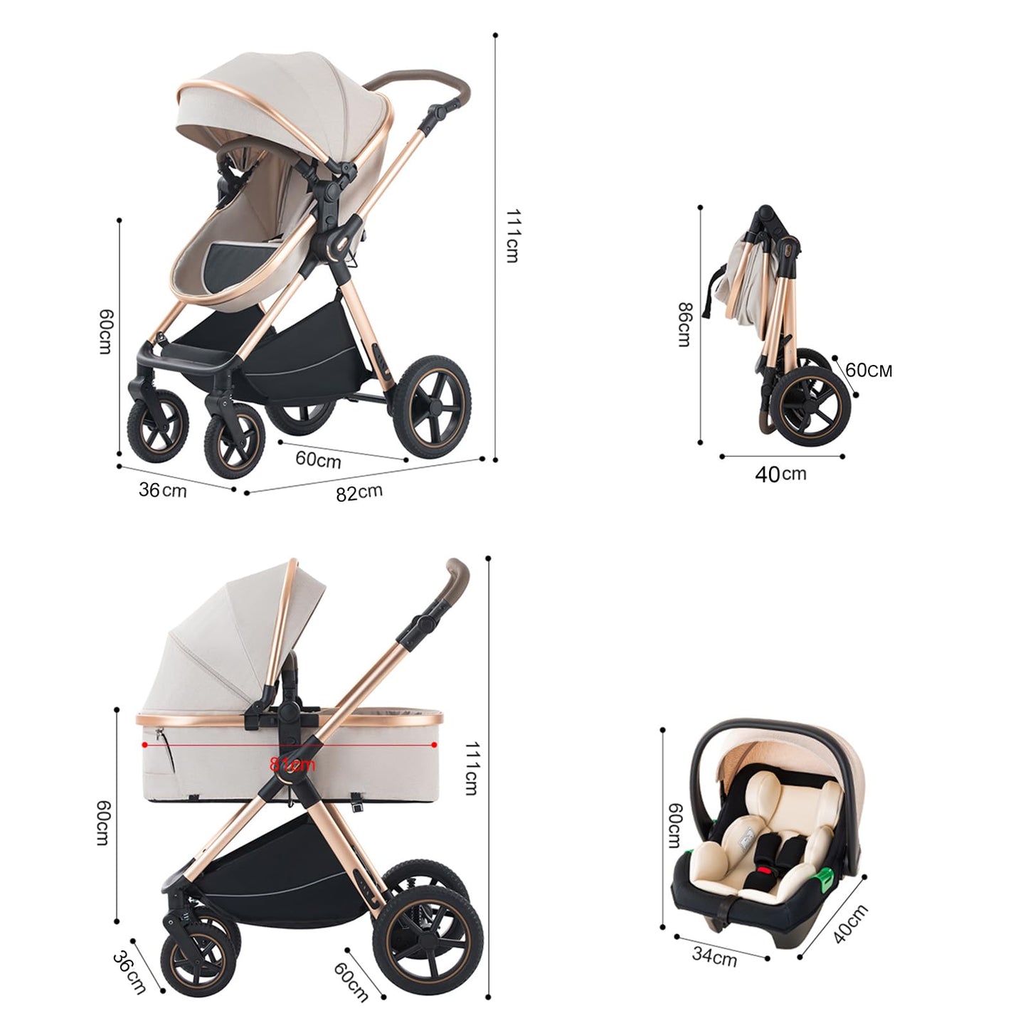 BEBBY 3-in-1 Pushchair Combination Pram Set 2-in-1 Buggy Foldable Luxury High Landscape Newborn Portable Foldable Pushchair Travel System (Black Gold, H2)