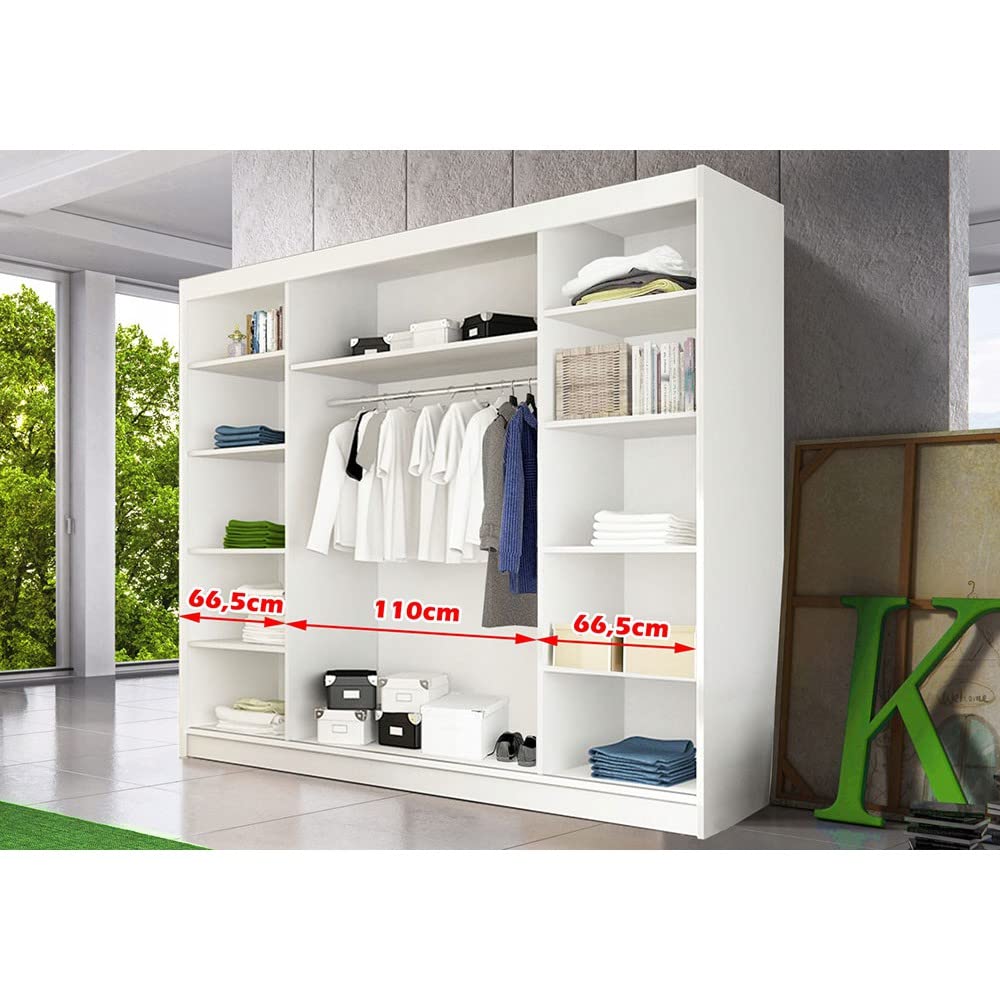 Fabryka Mebli Idźczak Kleiderschrank mit Spiegel, Schiebetüren - Weißer Schwebetürenschrank, Schlafzimmerschrank - ‎61 x 250 x 218 cm - Schrank für Schlafzimmer, Wohnzimmer, Garderobe