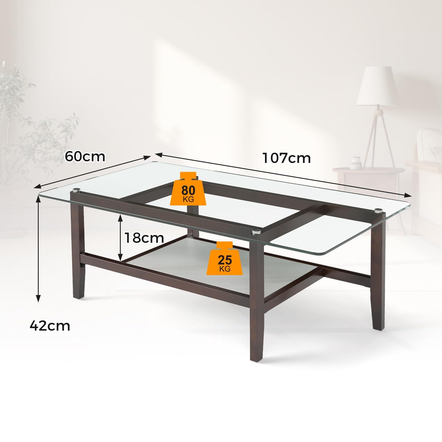 LIFEZEAL Glass Coffee Table, Stylish Living Room Table, Solid Wood with 2 Levels, Modern Sofa Table for Living Room, Bedroom, 107 x 60 x 42 cm