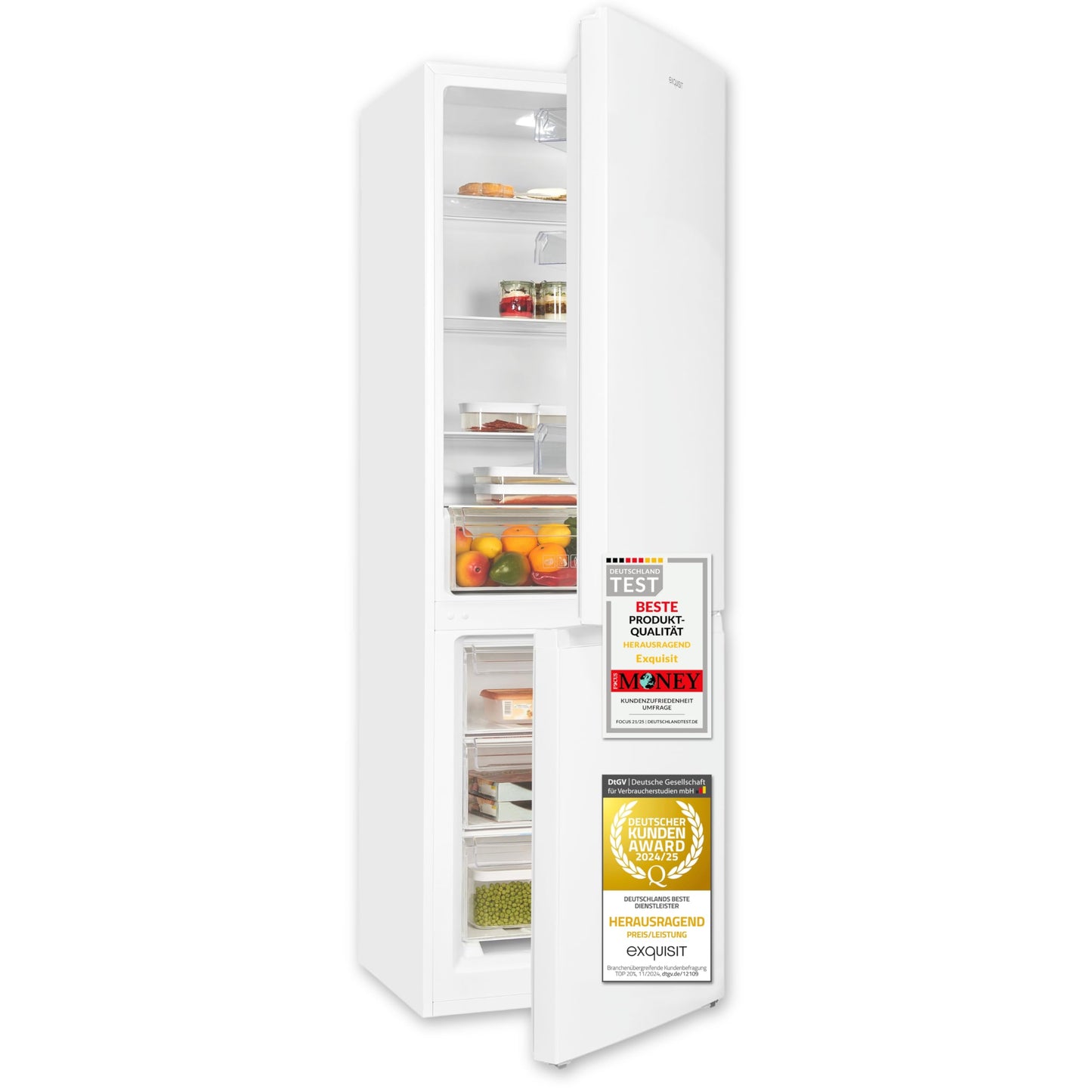 Exquisit Kühl-Gefrierkombination, 186 cm Höhe, Kühlschrank mit Gefrierfach, 4-Sterne-Gefrieren, 315 Liter, Alarm-Funktion, KGC5320-95-E-040C inoxlook-az