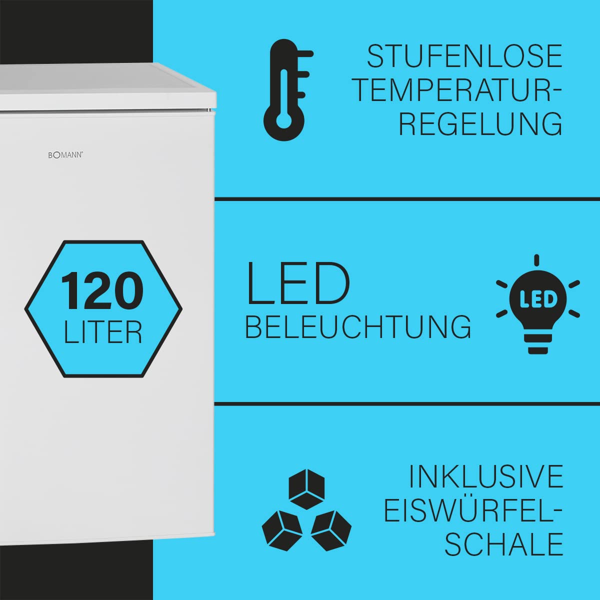 Bomann Kühlschrank mit Gefrierfach | Getränkekühlschrank mit 120L Nutzinhalt und 2 Glasablagen | Türanschlag wechselbar | kleiner Kühlschrank mit stufenloser Temperaturregelung | KS 2194.1 inox