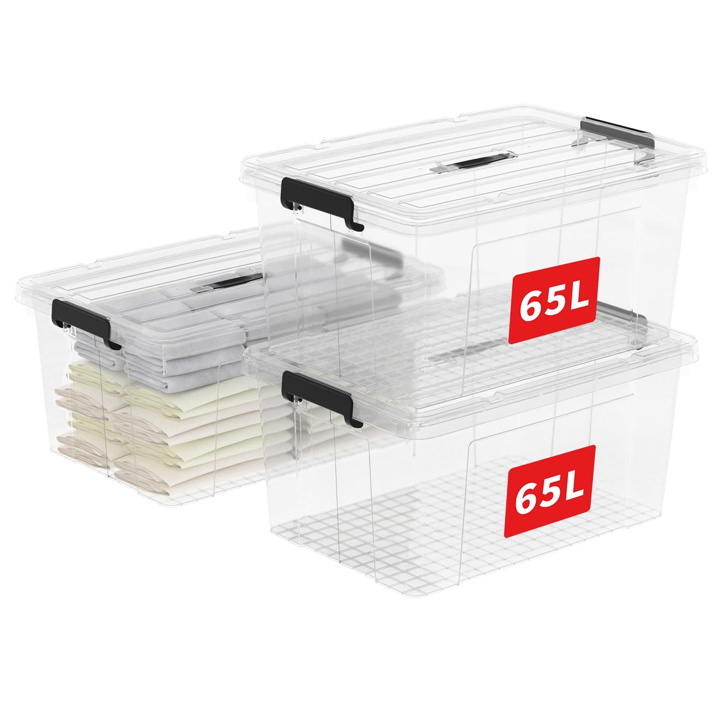 Cetomo 45 L x 3 Storage Boxes, Portable Plastic Boxes with Lids, Organiser Container with Handle and Clips, Stackable, Nestable, for Home and Office, Transparent, 45 L, Pack of 3