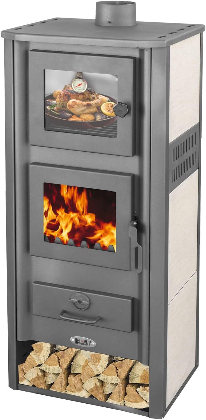 Fireplace with Baking Compartment, White Wood Stove, 12.1 kW, Fireplace, Ambasador Stove, Permanent Burning Stove, Workshop Stove, Swedish Stove, Hut Stove Heating Oven
