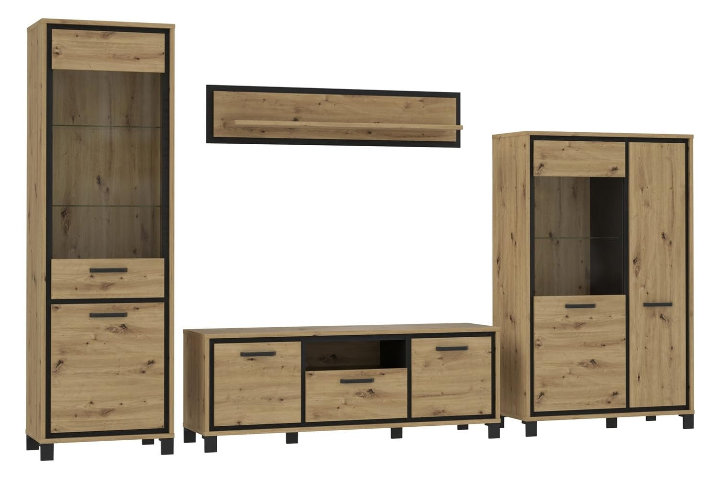 Forte Finley 330 Modern Wall Unit with TV Cabinet, Display Cabinet, Wall Panel and Chest of Drawers, Composite Wood, White with Concrete Look Accents, 328.4 cm Wide x 193.7 cm High x 41 cm Deep