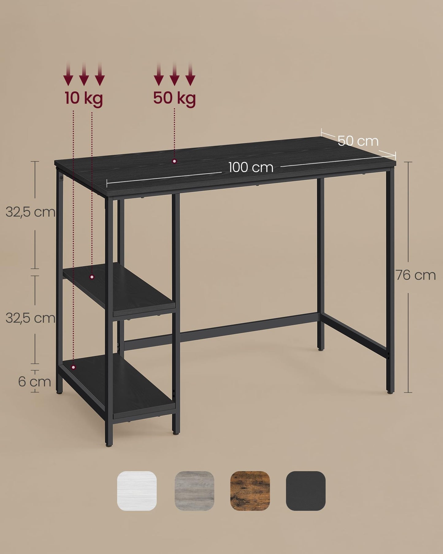 VASAGLE LWD55X Desk Computer Desk PC Desk Office Table with 2 Shelves on Right or Left Side for Office Living Room Steel Frame Industrial Design Vintage Brown/Black