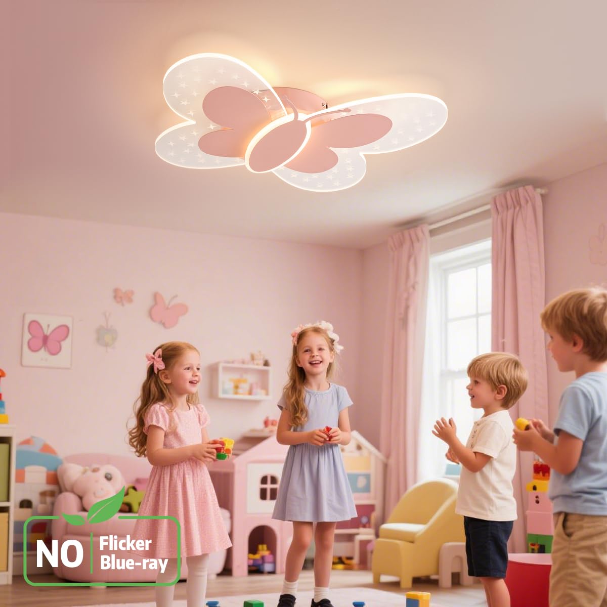 LED Children's Ceiling Light, Pink Butterfly Creative Ceiling Light, Dimmable with Remote Control, Night Light Function, Children's Room, Bedroom, Living Room, Bedroom, Cartoon Ceiling Light, 35 cm