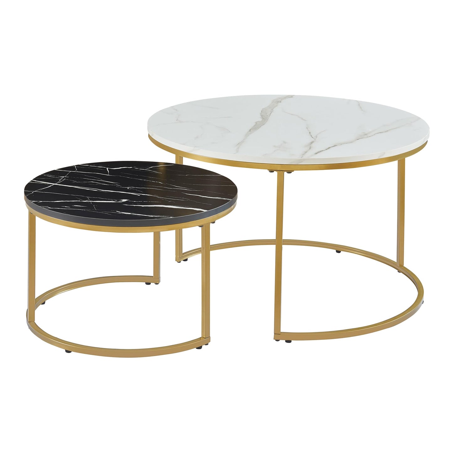 [en.casa] Christchurch Coffee Table, Set of 3, Round Sofa Table, Side Table with Metal Frame, Coffee Table, Marble Look, White/Gold