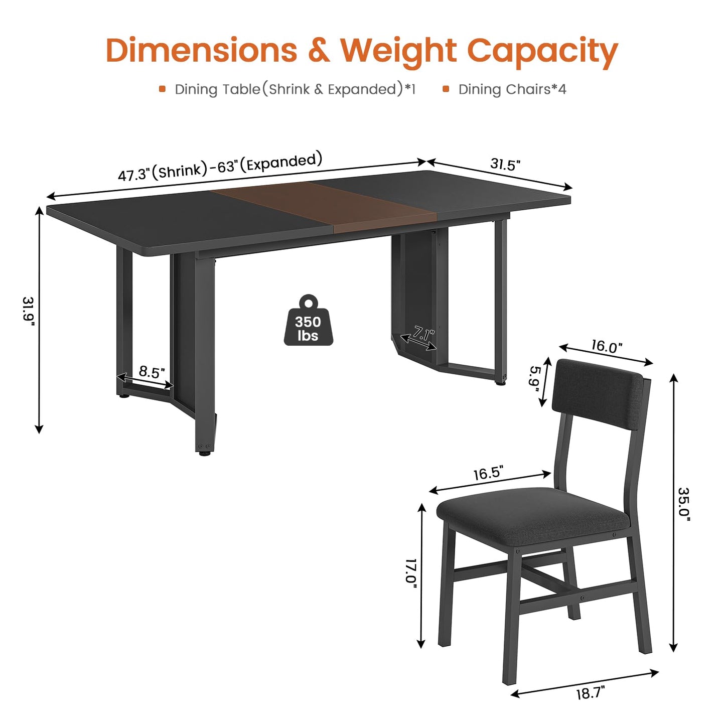 Itaar 5-Piece Dining Table Set for 4-6 People, 63" Extendable Kitchen Table and 4 Cushion Chairs, Dining Room Table with MDF Board & Metal Frame for Small Space, Easy Clean, Brown