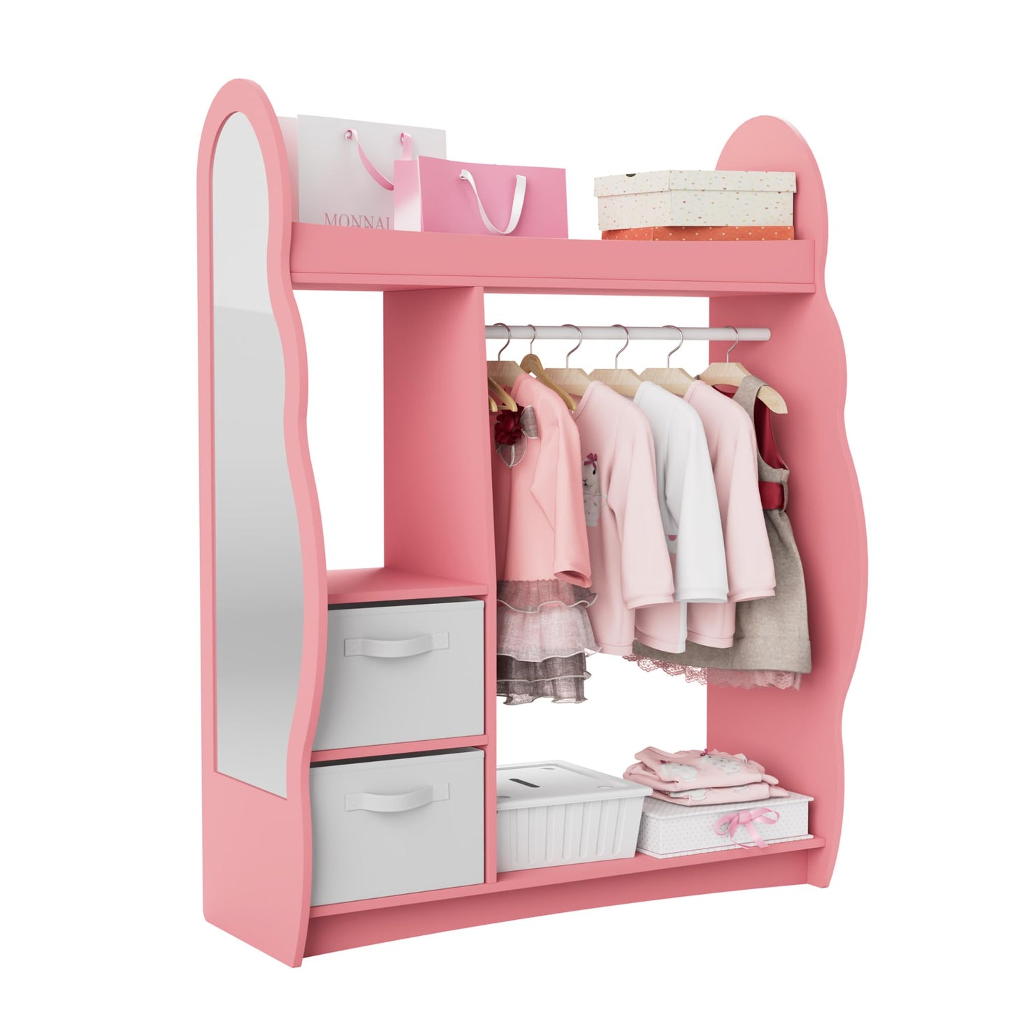 Children's Clothes Rack with Mirror, Clothes Rail with Shelves, Children's Wardrobe Wood, Children's Shelf for Children's Room, 81 x 28 x 106.5 cm (Clouds with 2 Drawers, White)