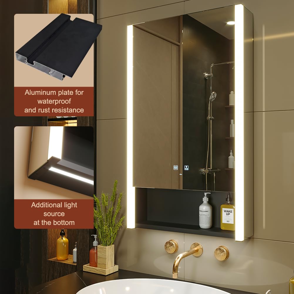 KWW LED Beleuchtetes Badezimmer Medizin Kabinett mit Spiegel, Farbtemperatur Einstellbar, Anti-Nebel Dimmbare Lichter, Steckdosen für USBs (75 x 70 cm)