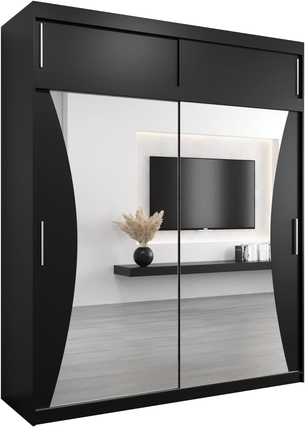 MEBLE KRYSPOL Kleiderschrank mit Spiegel Monaco - Garderobenschrank - Schrank Schlafzimmer - Mehrzweckschrank DREI Schiebetüren - Regalen - Flur Möbel - Kleiderstange Schrank - Allzweckschrank