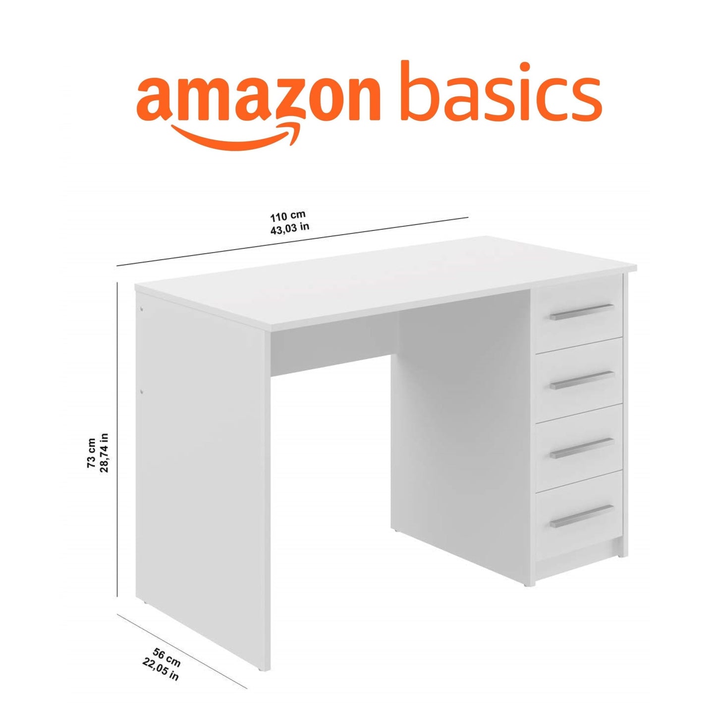 Amazon brand - Movian Idro modern desk, computer desk with 3 drawers, 56 x 110 x 73.5, white