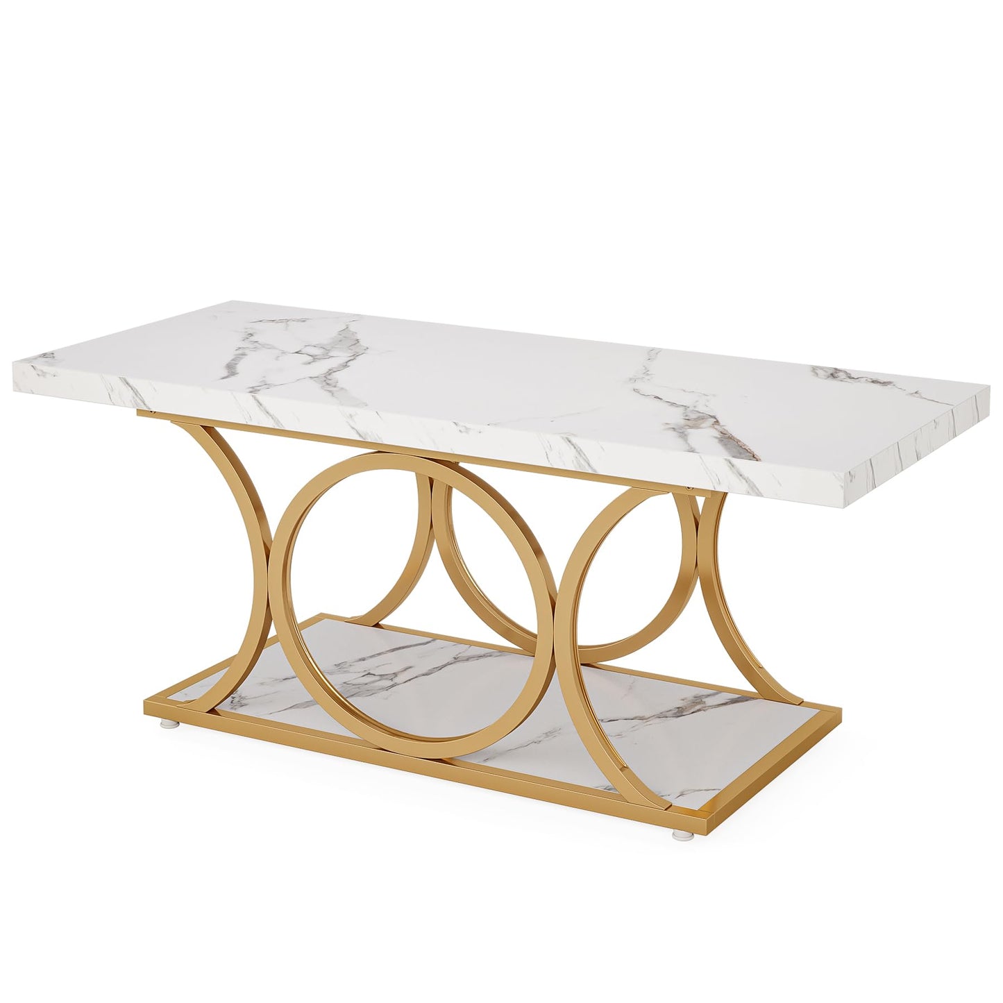 Tribesigns Rectangular Coffee Table, 120 cm Modern Living Room Table, 2-Tier Faux Marble Coffee Table with Geometric Legs, Furniture with Storage Compartment (Black and Gold)