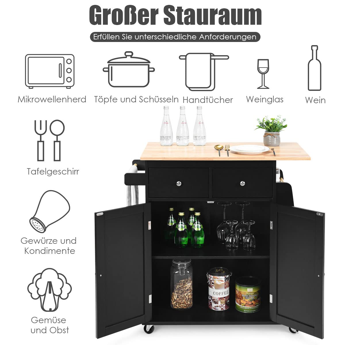 GOPLUS Kitchen Island with Wheels, Serving Trolley with 2 Drawers, 3-Tier Spice Rack, Towel Holder Cabinet, Rubber Wood Worktop & Lockable Wheels for Dining Room, Kitchens (Black)