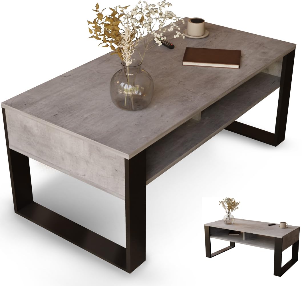 Artisan Coffee Table, Retro Loft Bench, Open Double Shelf, Skate Legs, Ideal for Coffee Get-Togethers, Laminated Top, Large Surface, Guaranteed Stability, White 3