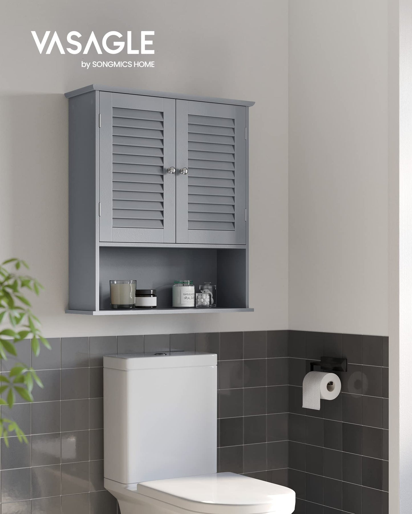 VASAGLE Wall Mounted Bathroom Cabinet, Medicine Cabinet with Height-Adjustable Shelf, Double Door, Open Compartment, 60 x 20 x 70 Cm, Wood, White, BBC27WT