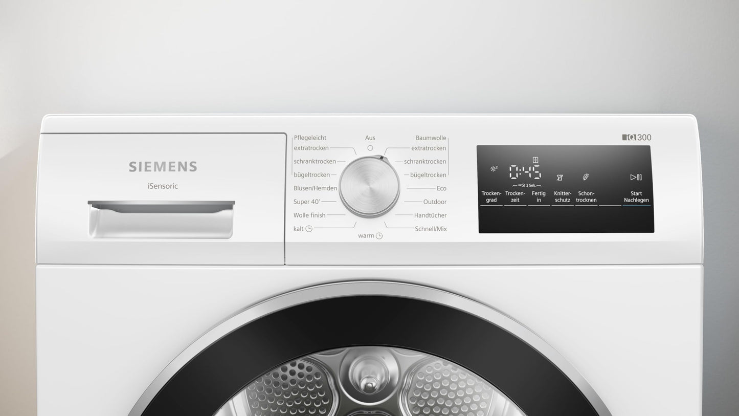Siemens WT45HV0EM iQ300 Heat Pump Dryer, 8 kg, autoDry, super40 Programme, 63 dB, Touch LED Display, SoftDry, Outdoor Program, EasyClean Filter, Child Lock, White