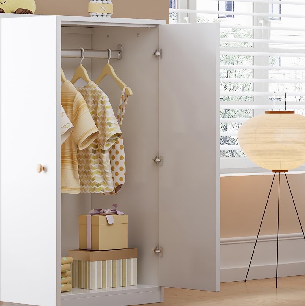 Small Wardrobe with Rail 2 Door Wardrobe Bedroom Living Room Kids Wardrobe MDF White