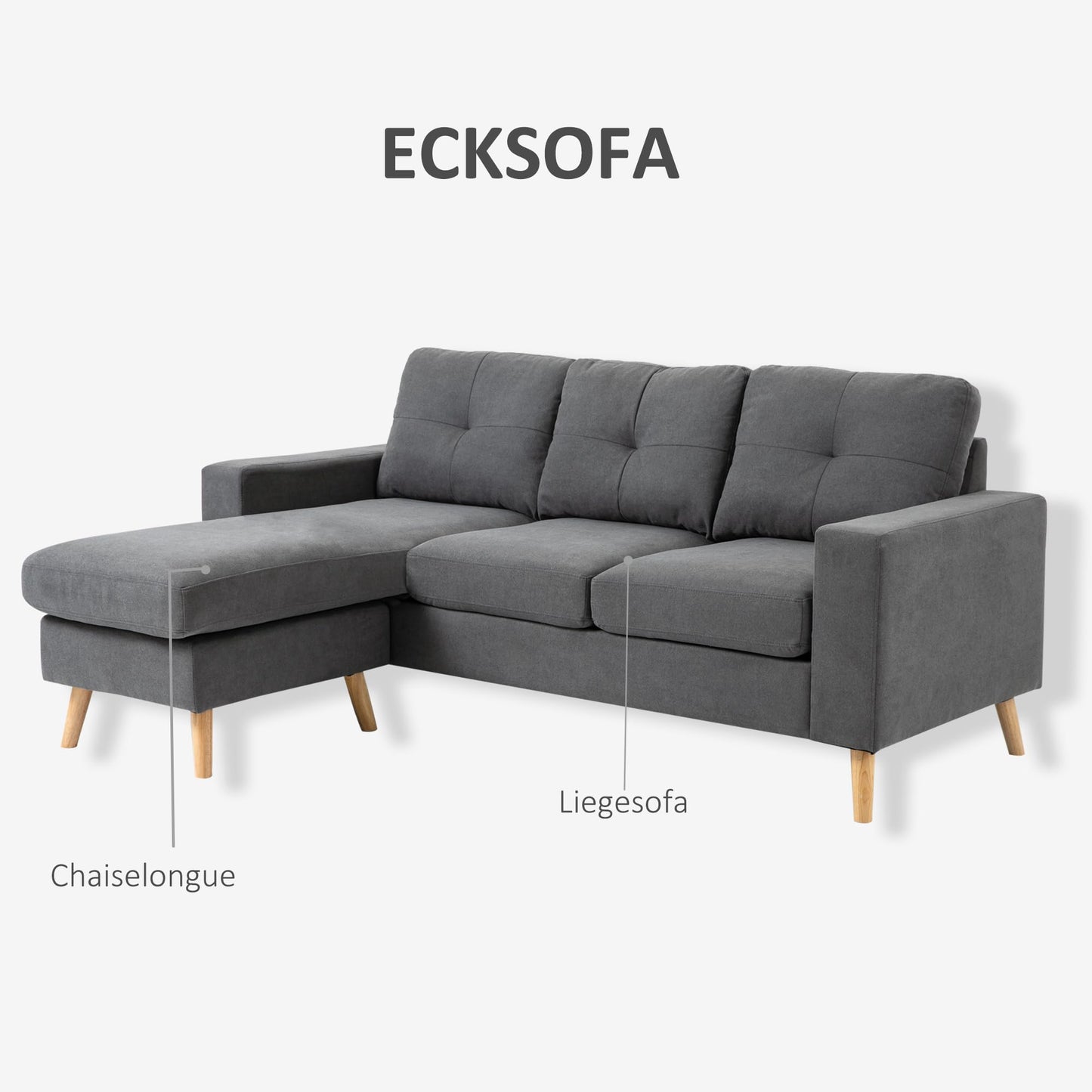HOMCOM Corner Sofa L-Shaped Sofa with 3 Cushions, Corner Couch with Button Binding, Linen Look, Couch Living Landscape for Living Room, Bedroom, 193 x 136 x 85 cm, Black