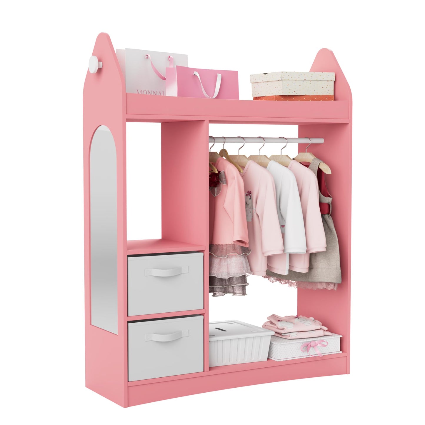 Children's Clothes Rack with Mirror, Clothes Rail with Shelves, Children's Wardrobe Wood, Children's Shelf for Children's Room, 81 x 28 x 106.5 cm (Clouds with 2 Drawers, White)