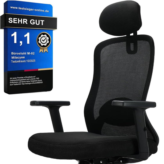 Milacyee Ergonomic Office Chair, Desk Chair with Adjustable 4D Lumbar Support, Office Chair with Headrest, Mesh Executive Chair with 90°-130° Reclining Function (Lockable), Swivel Chair up to 150 kg