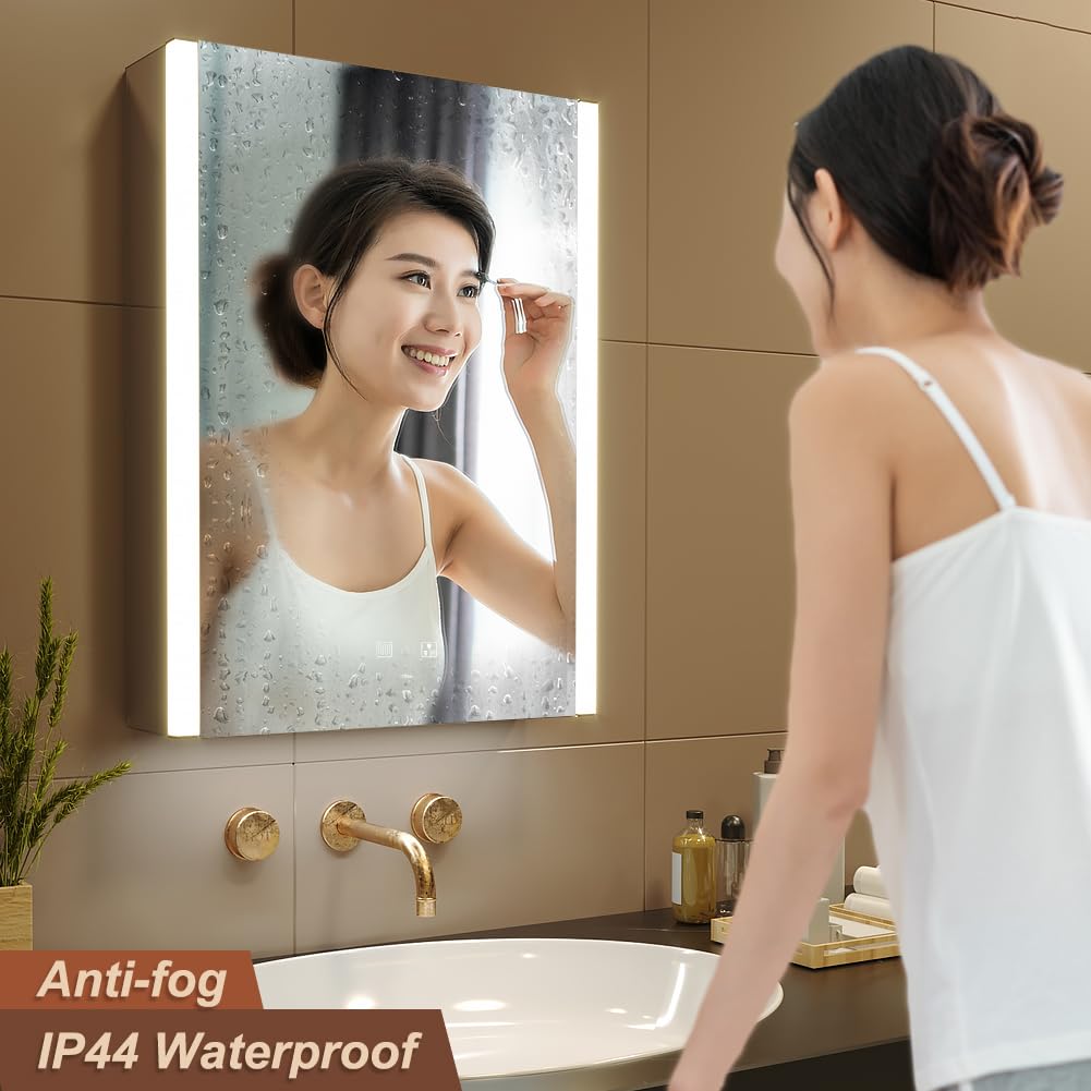 KWW LED Beleuchtetes Badezimmer Medizin Kabinett mit Spiegel, Farbtemperatur Einstellbar, Anti-Nebel Dimmbare Lichter, Steckdosen für USBs (75 x 70 cm)