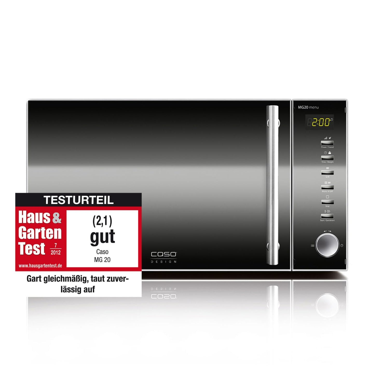 Caso MG20 menu 2-in-1 Microwave with Grill 800 W, Grill 1000 W, 2 Combination Programmes + 14 Cooking Programmes, Design Stainless Steel and Mirrored, 20 L, Stainless Steel