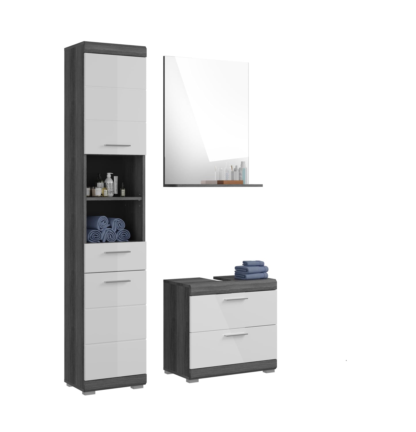 Badezimmer Scout X06B2723 Wall-Mounted Cupboard Wide Cabinet in Front White High Gloss Body Smoke Silver Nb. Approx. 74 x 79 x 24 cm