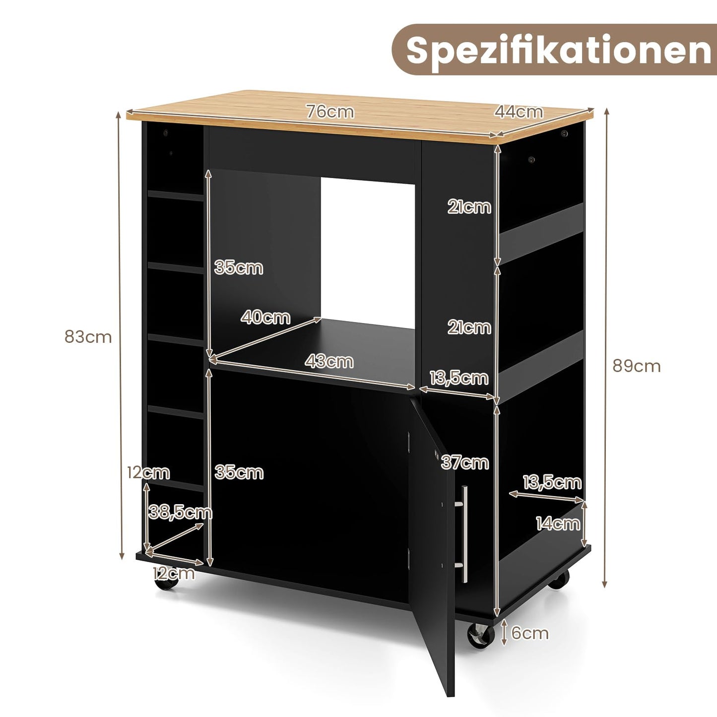 COSTWAY Kitchen Trolley on Wheels, Serving Trolley with Worktop & Towel Holder & Spice Racks, Wine Rack for 6 Bottles, Kitchen Island Wood, Kitchen Cabinet Rollable, for Kitchen, Dining Room, Bar