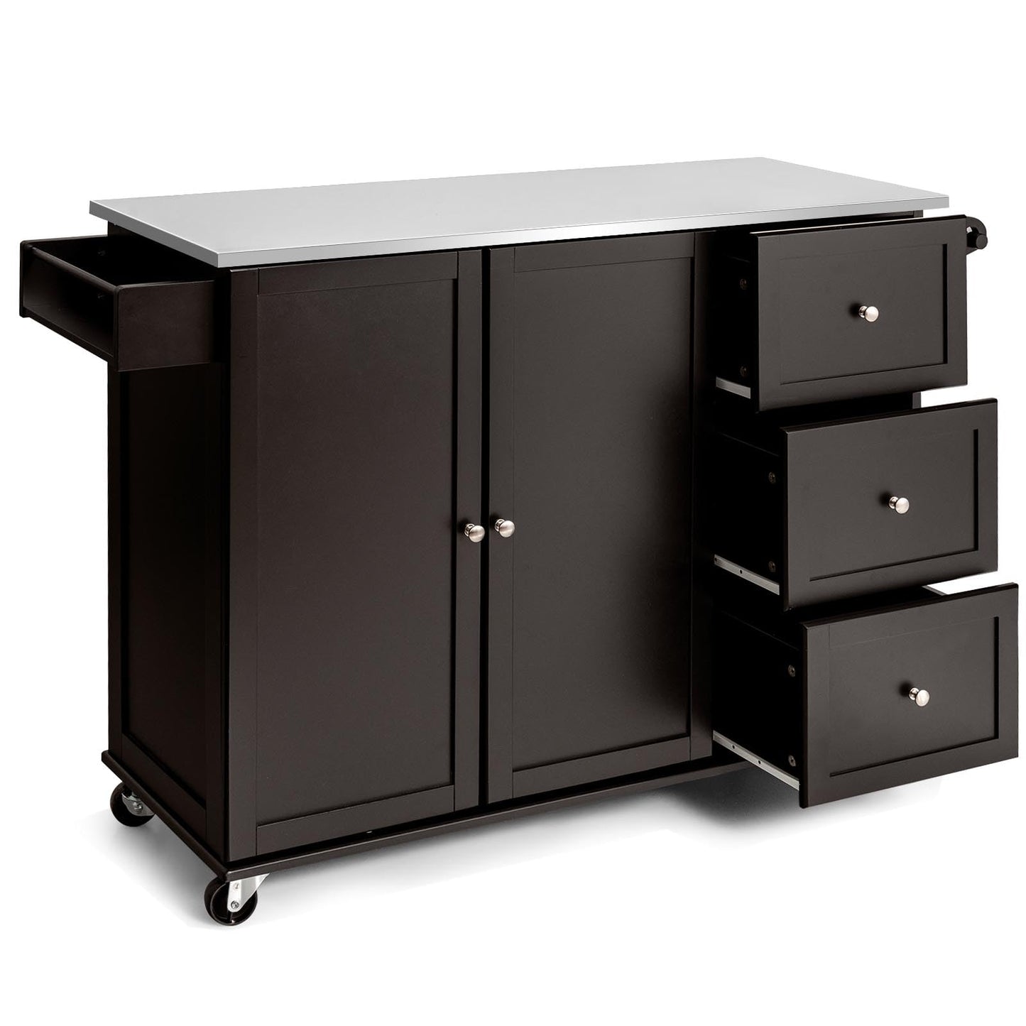 KOMFOTTEU Movable Kitchen Island with Stainless Steel Worktop, Kitchen Trolley with 3 Drawers & Towel Rail & Adjustable Shelf, Kitchen Cabinet on Wheels, Kitchen Trolley 135 x 45.5 x 91.5 cm (Black)