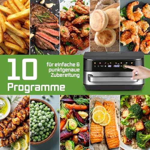 GOURMETmaxx Digitale Heißluftfritteuse 12 L, XXL-Edelstahl-Ofen | Airfryer + Timer, Touchdisplay, Drehspieß | fettarm, energiesparend frittieren | 10 Programme inkl. Pizza | 1800 W
