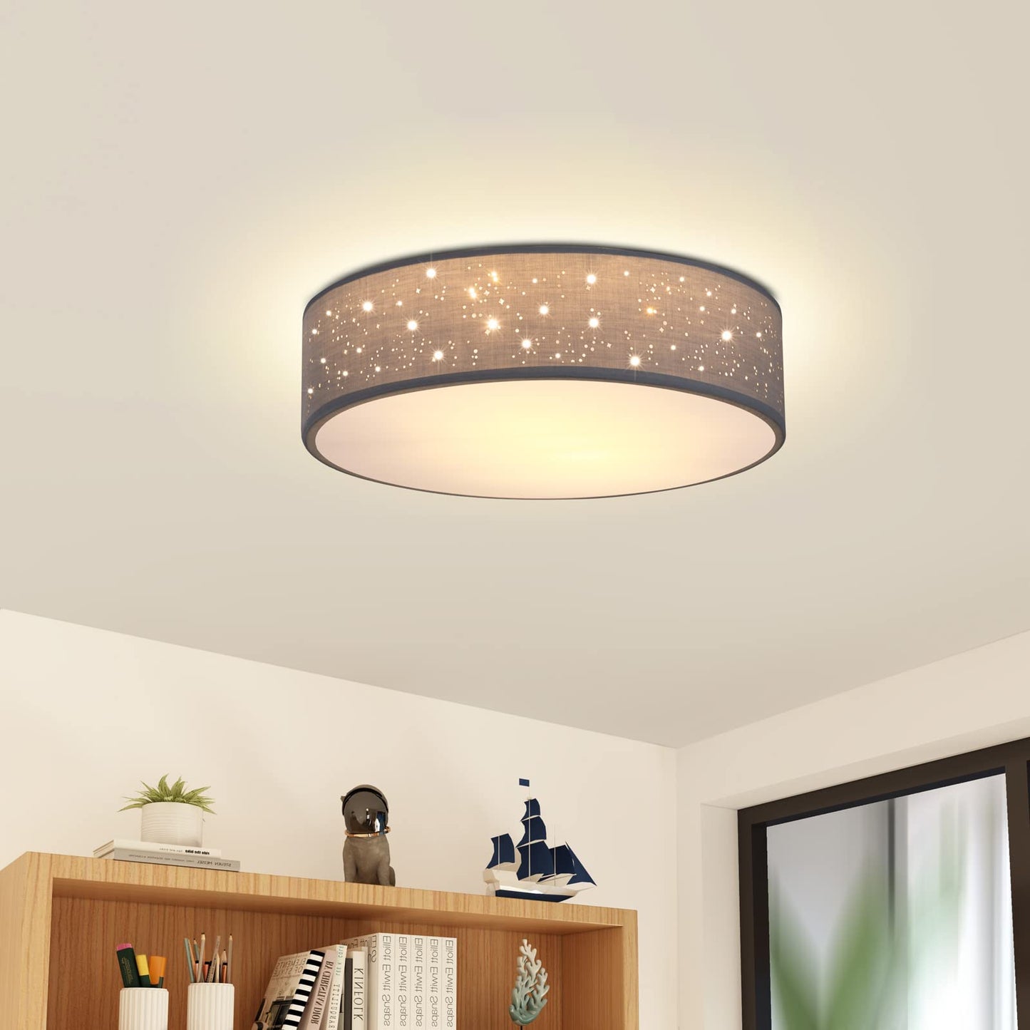 MONZANA® Ceiling Light Starry Sky Living Room Bedroom E27 Grey Round 38 cm Fabric Shade 2 Bulbs 40 W Kitchen Lamp Ceiling Light Fabric Ceiling Lamp