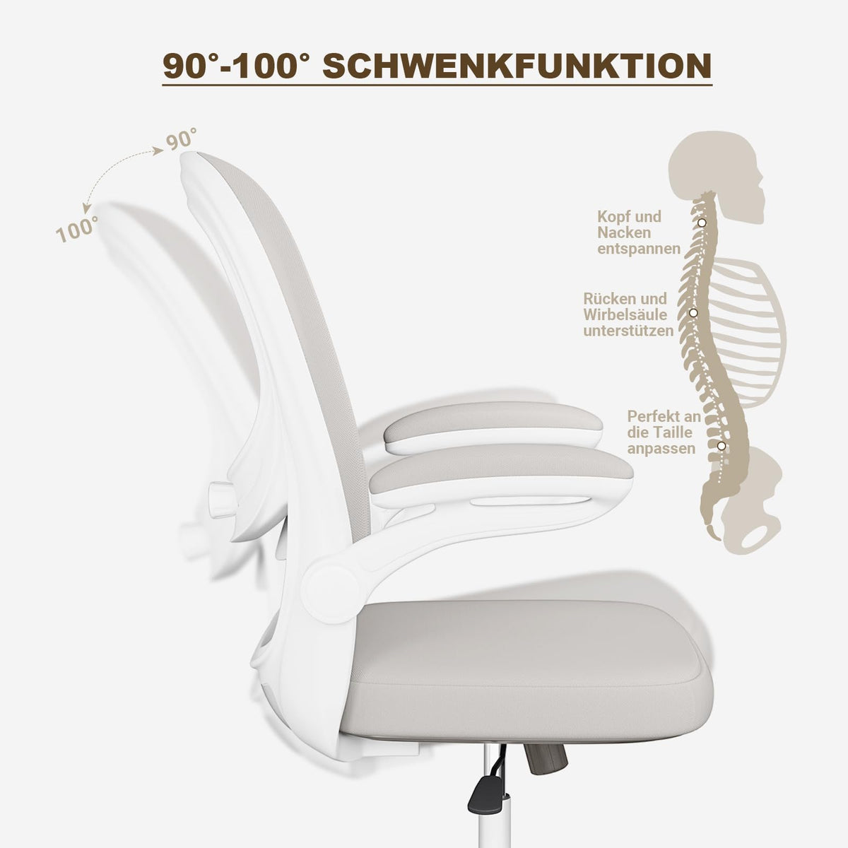 MELOKEA Desk Chair, Bionic 4D Lumbar Support, Office Chair Ergonomic with 100° Folding Armrest, Office Chair Height Adjustable, Mesh Computer Chair, Meets EN12520 Standards, Grey Beige