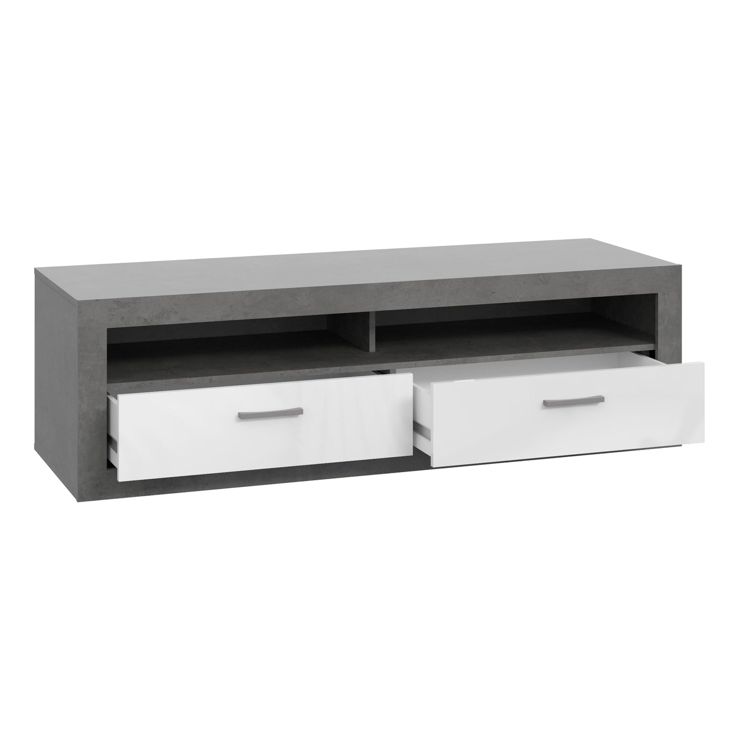 Forte TREBBIA TV Cabinet 150 160 Modern Cabinet with 2 Drawers Lowboard TV Rack Wood Composite Concrete Look Dark Grey/White High Gloss 152.7 cm Wide x 46.7 cm High x 51.7 cm Deep