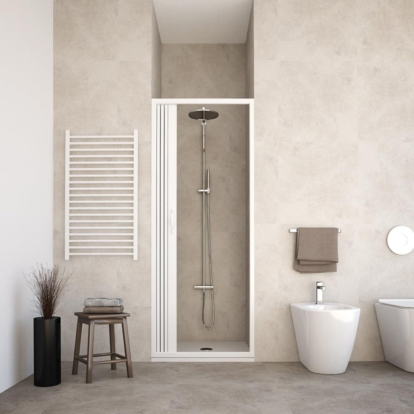 90cm Jade Extendable PVC Shower Enclosure - Unique Door with Semi-Transparent Panels - Side Opening with Bellows - White