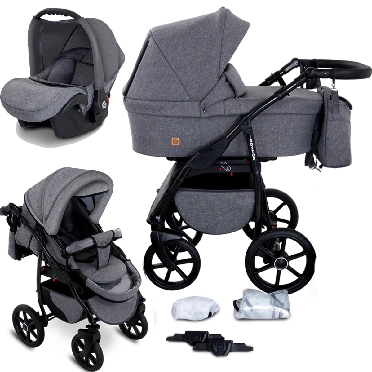 Boston 3-in-1 Combi-Pram Pram Baby Car Seat Buggy Carlo Complete Set
