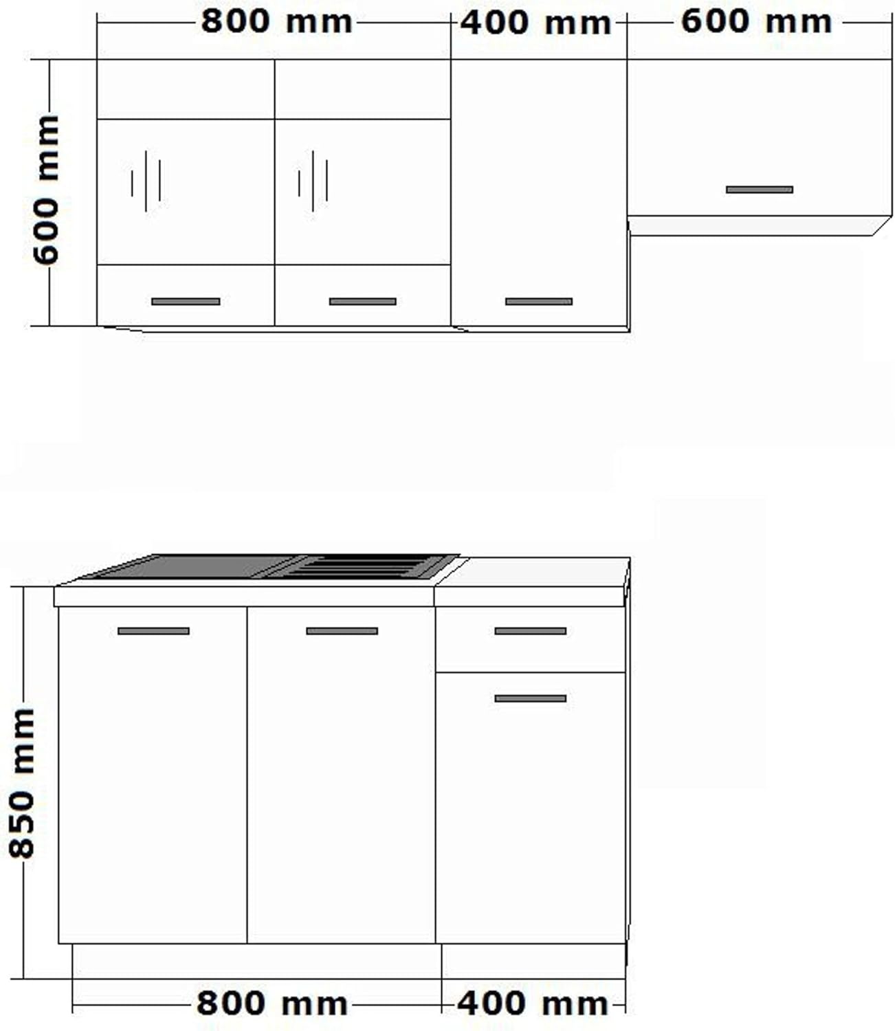 Kuechen-preisbombe Omega Mini Kitchen Unit 180 cm Single Kitchen Unit Black White