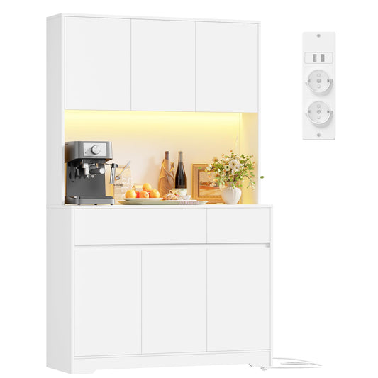 FirFurd 180 cm Kitchen Cabinet with Worktop and LED, Buffet Cabinet, Tall Cabinet with Power Strip and Adjustable Shelves, Sideboard for Kitchen, Living Room, Dining Room, 100 x 38.5 x 180 cm, White