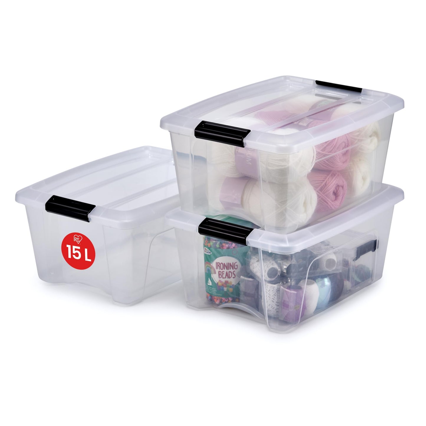 Iris Ohyama Storage Box with Lid, 80L, Set of 4, Transparent, Snap Latches with Handles, Stackable, Strong & Durable, for Clothes, Garage, Home, Office, Plastic Box, Storage TB-84D