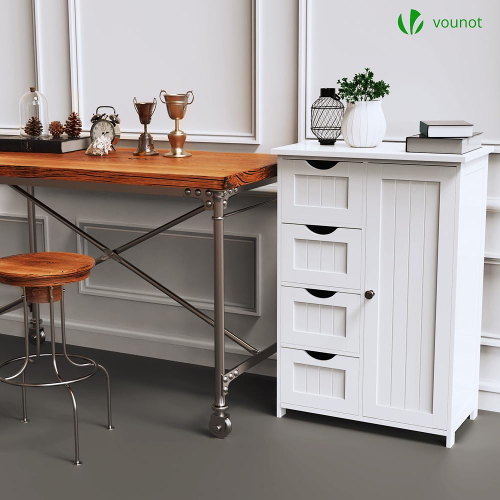VOUNOT® Bathroom Cabinet, Side Cabinet with 4 Drawers, Cabinet Door & Adjustable Shelves for Bathroom, Living Room, Kitchen, Bedroom, 30 x 55 x 82 cm, Grey