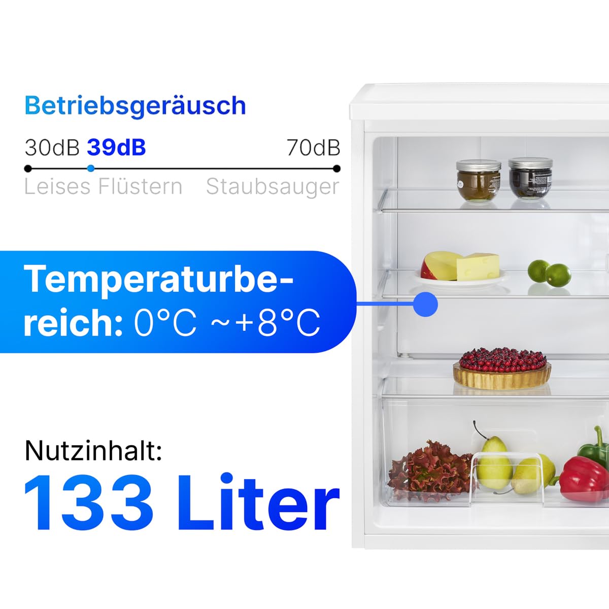 Bomann® Fridge without Freezer | Energy Class D | 85 cm | Quiet 39 dB | 3 Shelves | Door Hinge Changeable | 133 L | Small Fridge with Vegetable Compartment | Standard Fridge | VS 2195.1 White